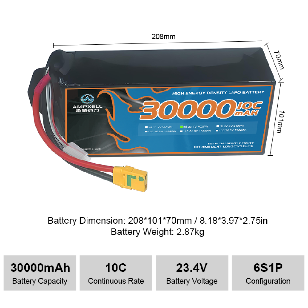 High voltage drone battery 30Ah 23.4v 6s 10C