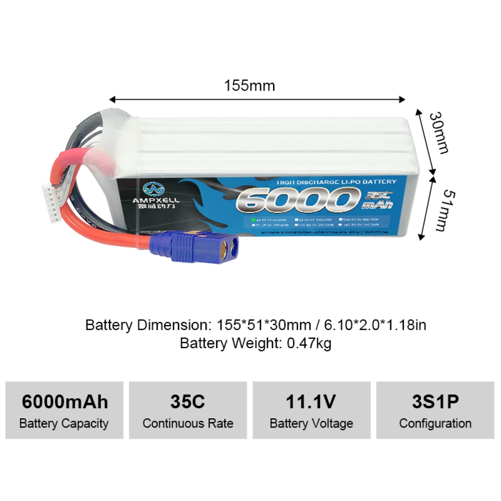 Batería de drones de alto voltaje 6000 mAh 11.1V 3S 35C