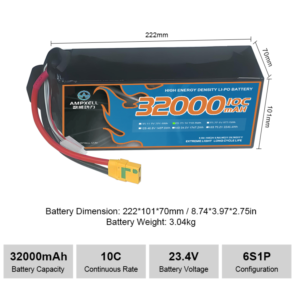 High voltage drone battery 32Ah 23.4v 6s 10C