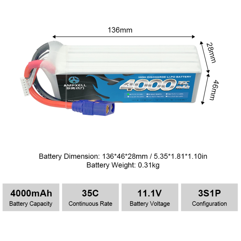 Hochspannungs -Drohnen -Batterie 4000mAh 11,1V 3s 35c